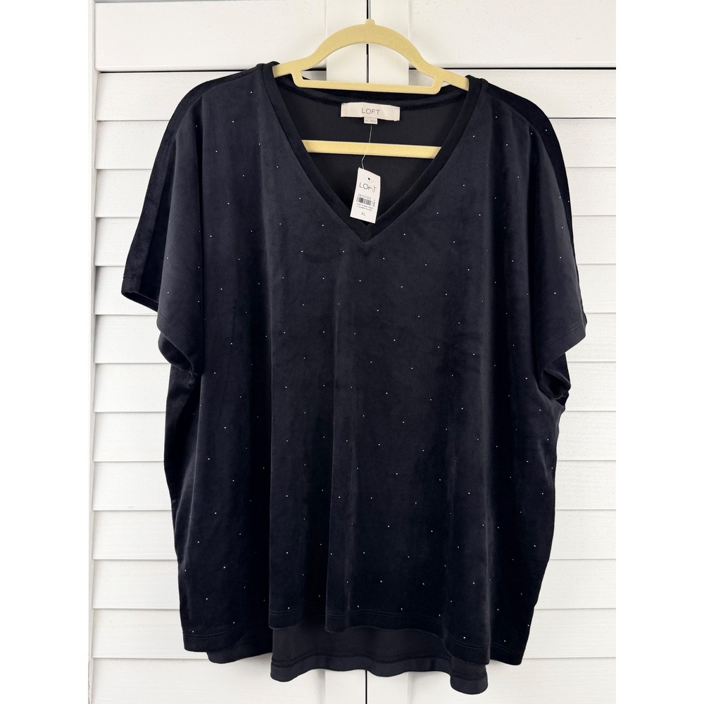 Loft Velvet Top XL Black Rhinestone Studded V-Neck Dolman Sleeve NEW